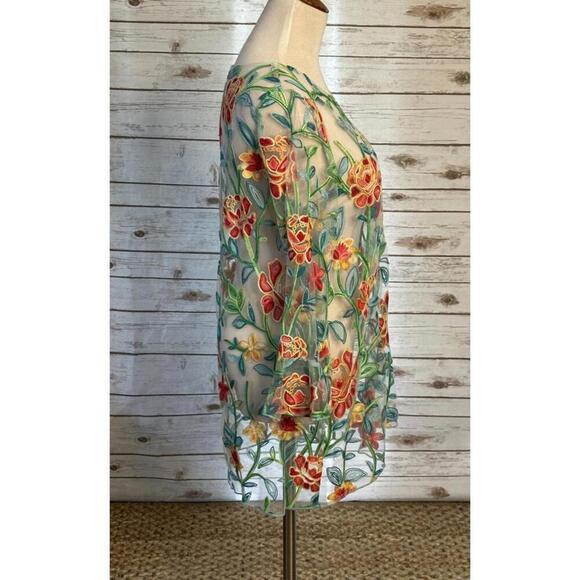 ali miles whimsical multicolored embroidered floral sheer mesh tunic Size M - Picture 4 of 6